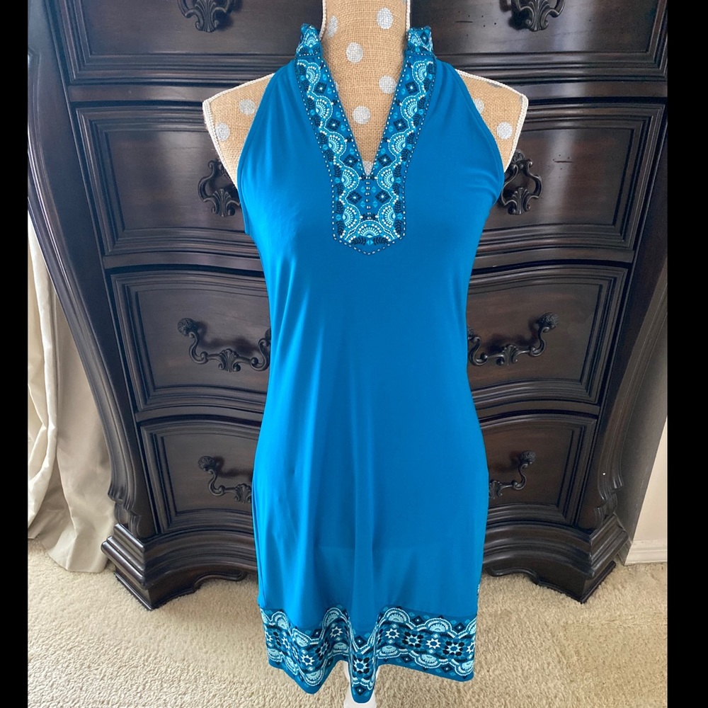 Turquoise Teal Beaded V Neck Vacation Dress